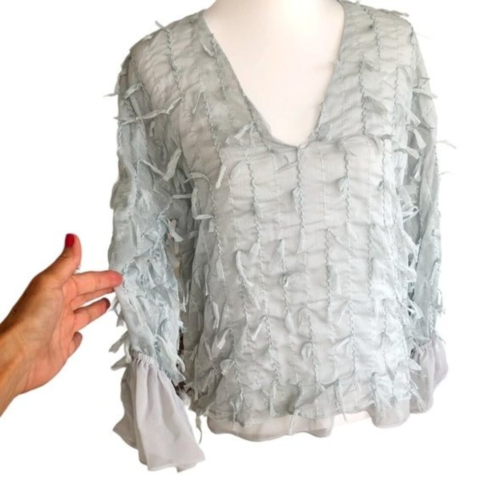 ZARA Seafoam Green Gauzy Beachy Boho Long‎ Sleeve Y2K Ribbon Applique Top Size S